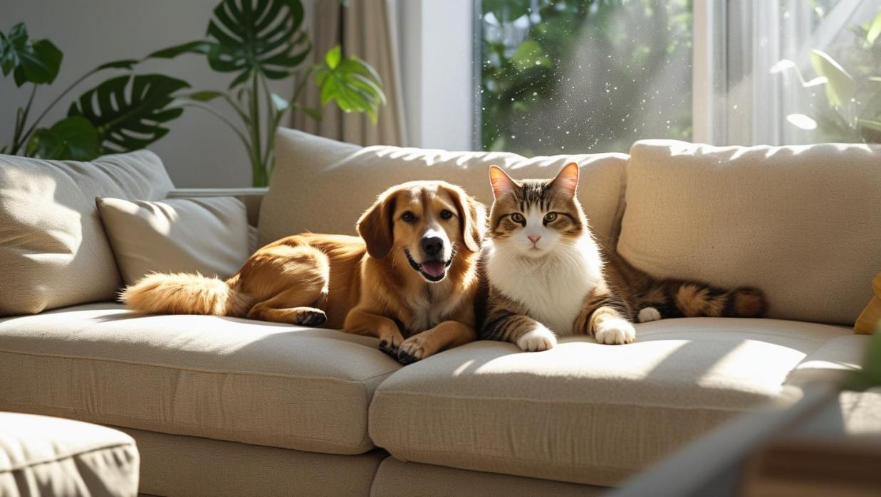 Dog and cat resting peacefully on a clean beige couch in sunny living room.