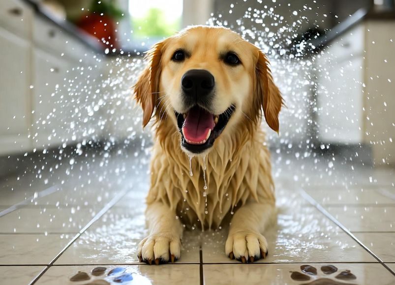 golden retriever shaking off water on shiny white kitchen tiles