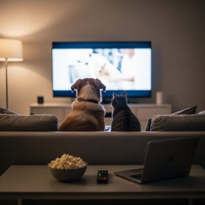 dog and cat watching movie on a couch