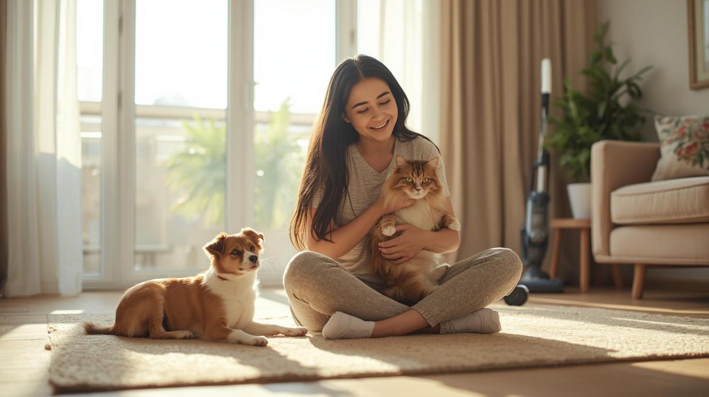 Happy pet owner enjoying clean bright living room with pets.