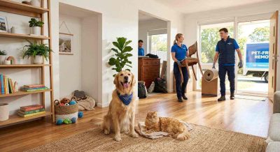 Happy dog and cat in a clean, spacious, organized home, professional junk removal team removing old furniture and clutter